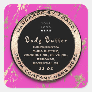 Pegatina Cuadrada Logotipo Balm Butter Cosmético Oro Negro Rosa Sh
