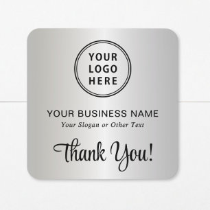 Pegatina Cuadrada Logotipo Comercial de Guión Elegante Gracias Plata