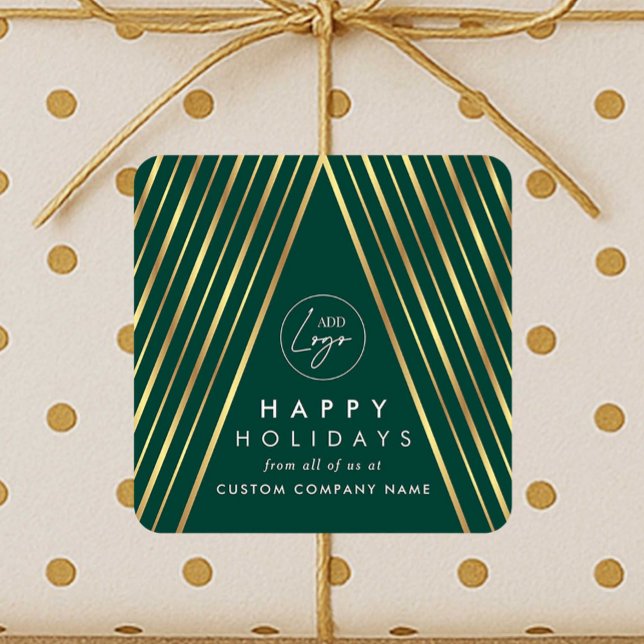 Pegatina Cuadrada Logotipo comercial Green Gold Christmas (Elegant corporate business logo festive stickers in green & faux gold with Christmas tree design)