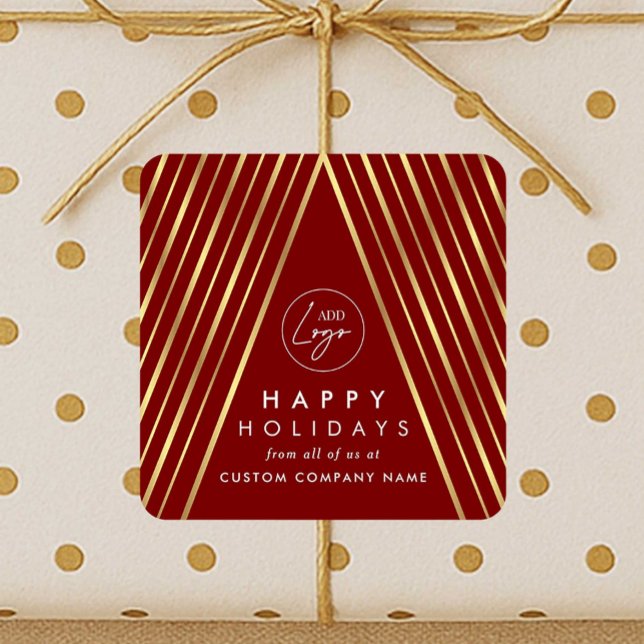 Pegatina Cuadrada Logotipo comercial Rojo Oro Árbol de Navidad (Elegant corporate business logo festive stickers in red & faux gold with Christmas tree design)
