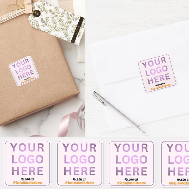 Pegatina Cuadrada Logotipo comercial y medios sociales de personaliz (small business marketing square stickers pink logo)