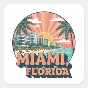 Pegatina Cuadrada Logotipo de Arte de Viaje Vintage Miami Florida 80