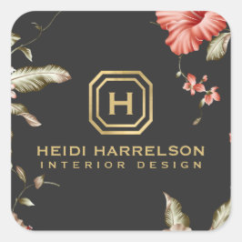 Pegatina Cuadrada Logotipo de la caja de vidrio Monograma Floral de