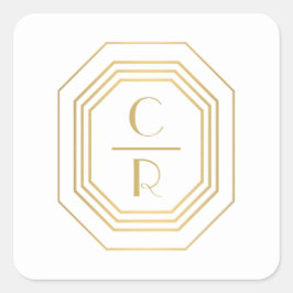 Pegatina Cuadrada Logotipo de Monograma apilado Art Deco Oro/Blanco