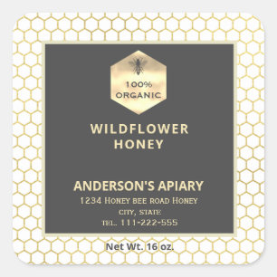 Pegatina Cuadrada Logotipo de oro moderno abeja miel tarro