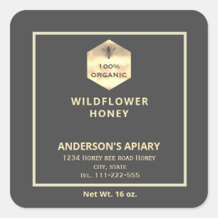 Pegatina Cuadrada Logotipo de oro moderno abeja miel tarro