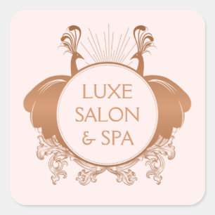 Pegatina Cuadrada Logotipo de Pavos Reales Art Nouveau Rosa Dorado/R