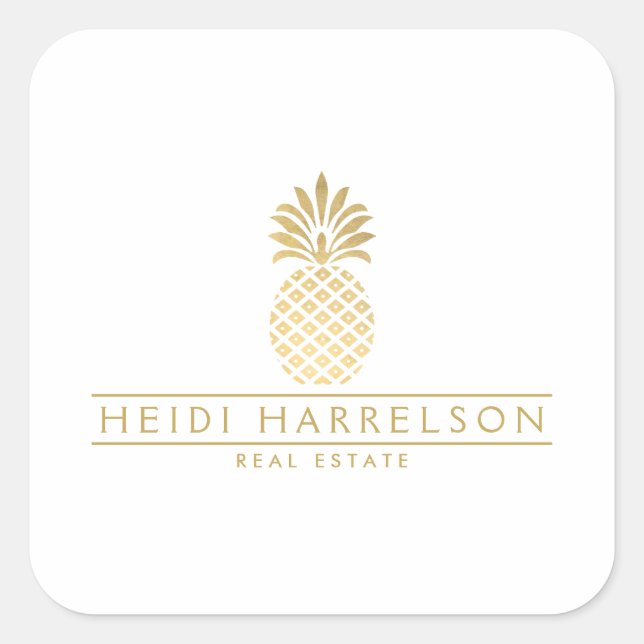 Pegatina Cuadrada Logotipo de Piña Dorada Elegante (Anverso)