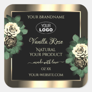 Pegatina Cuadrada Logotipo de Rosas de crema floral Gold Black Produ