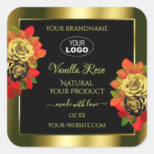 Pegatina Cuadrada Logotipo de Rosas Floral Black Gold Shimmer