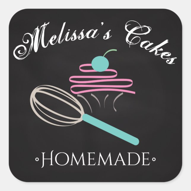 Pegatina Cuadrada Logotipo de tarta Batidor Panadería casera Pizarra (Anverso)