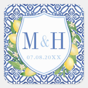 Pegatina Cuadrada Logotipo del Boda Amalfi Lemons Blue Tiles Monogra