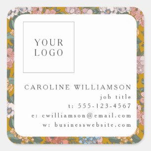 Pegatina Cuadrada Logotipo floral amarillo boho simple femenino nego