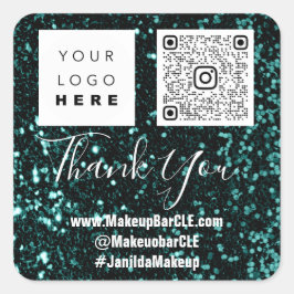 Pegatina Cuadrada Logotipo Nombre QRCode Gracias Purpurina Verde azu