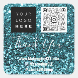 Pegatina Cuadrada Logotipo QRCode Nombre Gracias Comprar Azul Social