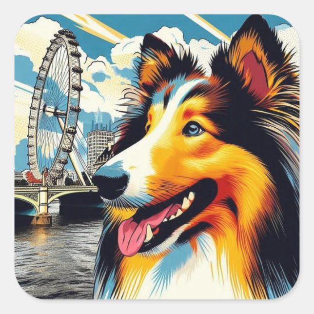 Pegatina Cuadrada London Collie (Anverso)