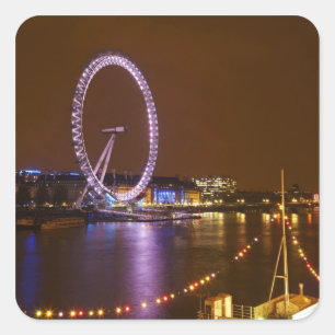 Pegatina Cuadrada London Eye, río Támesis y luces desde