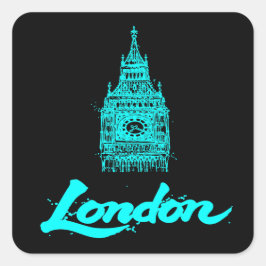 Pegatina Cuadrada Londres Cian Neón Boceto Big Ben Moderno Negro