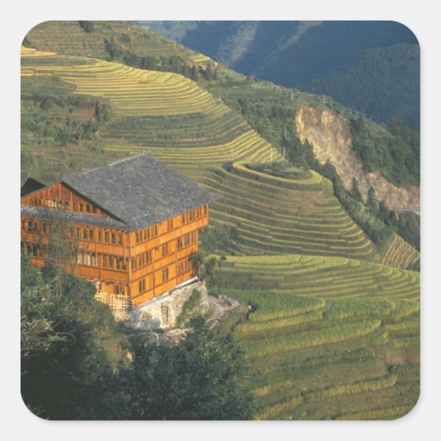 Pegatina Cuadrada Longji, provincia de Guangxi, China (Anverso)
