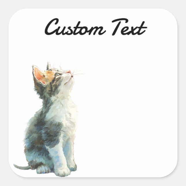 Pegatina Cuadrada Looking Up Cat -2 | Personalized Custom Text (Anverso)