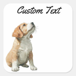 Pegatina Cuadrada Looking Up Puppy-2 | Personalized Custom Text