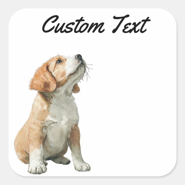 Pegatina Cuadrada Looking Up Puppy-2 | Personalized Custom Text (Anverso)