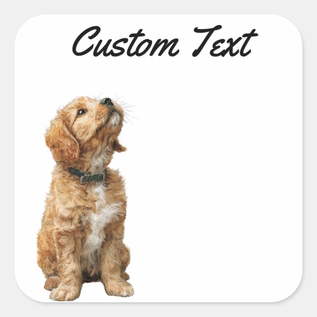 Pegatina Cuadrada Looking Up Puppy-3 | Personalized Custom Text (Anverso)