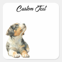 Pegatina Cuadrada Looking Up Puppy | Personalized Custom Text