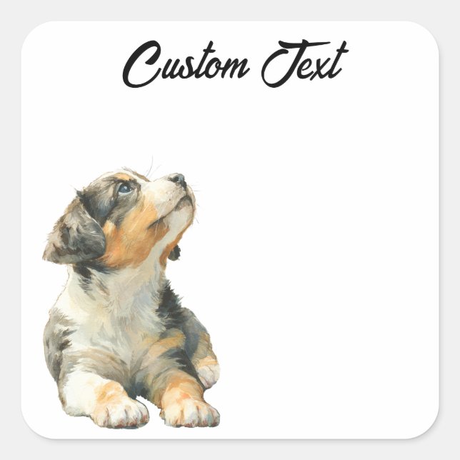 Pegatina Cuadrada Looking Up Puppy | Personalized Custom Text (Anverso)