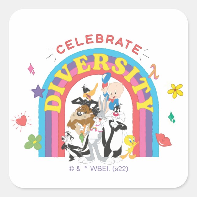 Pegatina Cuadrada LOONEY TUNES™ - Celebrate Diversity Pride Rainbow (Anverso)