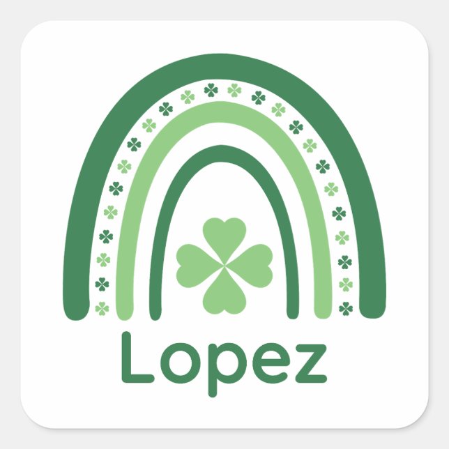Pegatina Cuadrada Lopez Name Clover Boho Rainbow (Anverso)