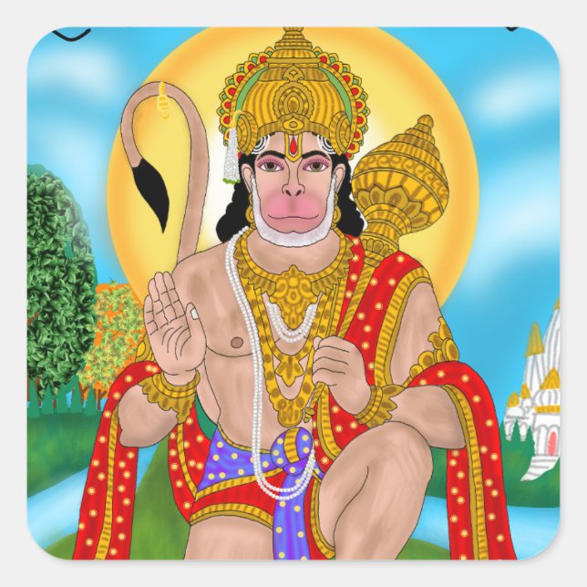 Pegatina Cuadrada Lord Hanuman Sticker – Spiritual & Motivational De (Anverso)