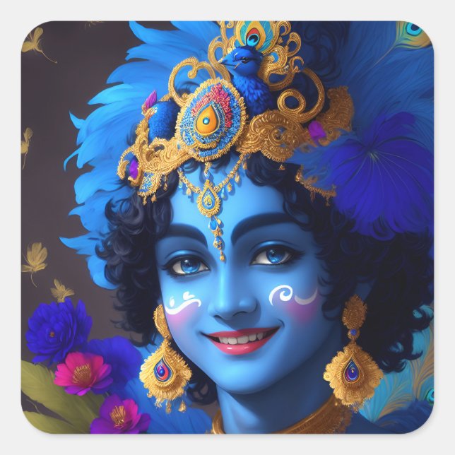 Pegatina Cuadrada Lord Krishna Deity Indian God (Anverso)