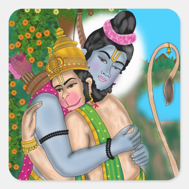 Pegatina Cuadrada Lord Rama & Hanuman Sticker (Anverso)