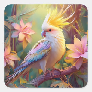 Pegatina Cuadrada Loro Cacatúa Ala Irisada Ave Fantasía