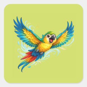 Pegatina Cuadrada Loro Colorido Feliz en Vuelo Diseño de Pájaro Kawa