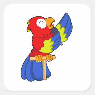 Pegatina Cuadrada Loro como cantante con micrófono