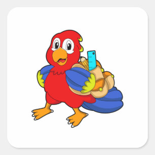 Pegatina Cuadrada Loro como estudiante con mochila