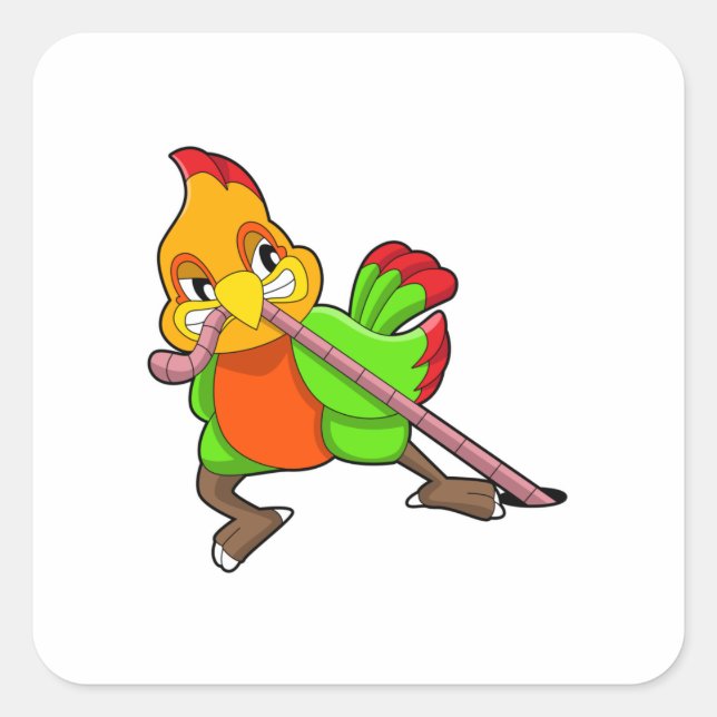 Pegatina Cuadrada Loro con gusano (Anverso)