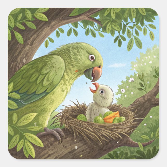 Pegatina Cuadrada Loro con joven (Anverso)