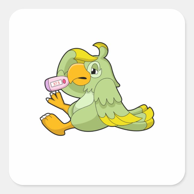 Pegatina Cuadrada Loro con termómetro clínico (Anverso)