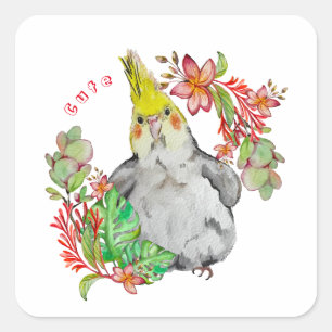 Pegatina Cuadrada Loro de Corella en flores tropicales Baby Bodys