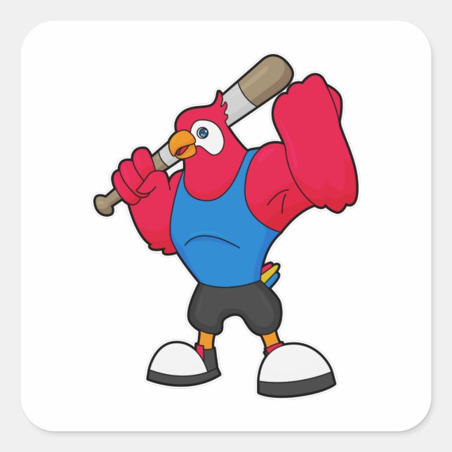 Pegatina Cuadrada Loro en béisbol con bate de béisbol (Anverso)