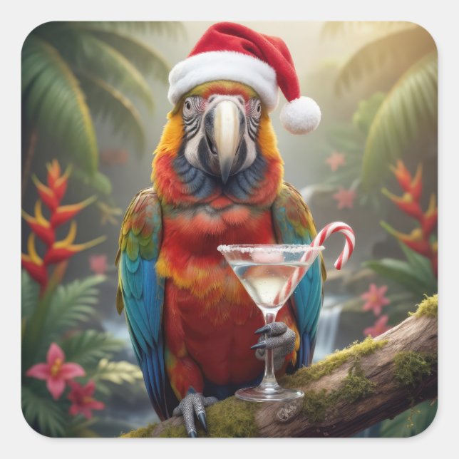 Pegatina Cuadrada Loro Guacamayo de Navidad con Cóctel Martini (Anverso)