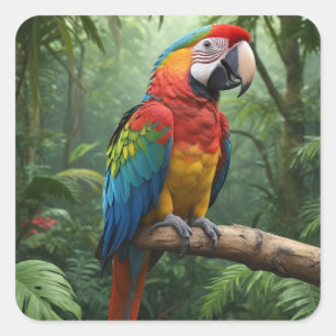 Pegatina Cuadrada Loro Guacamayo en la Selva