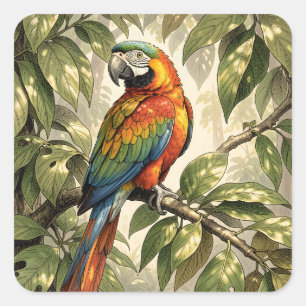 Pegatina Cuadrada Loro pájaro en dibujo de árbol