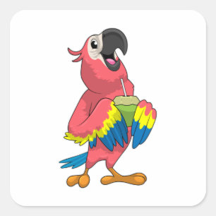 Pegatina Cuadrada Loro y coco con paja para beber