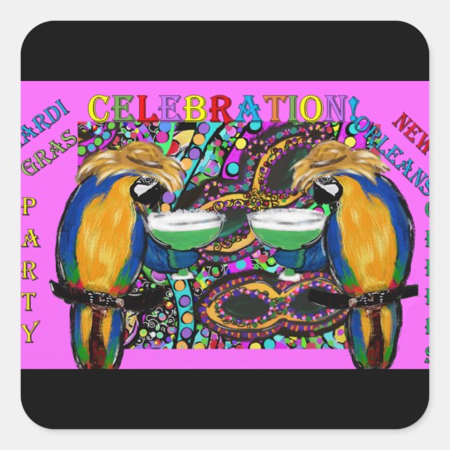Pegatina Cuadrada Loros de Mardi Gras (Anverso)