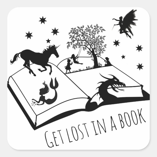 Pegatina Cuadrada Los amantes de los libros se pierden en un libro d (Anverso)