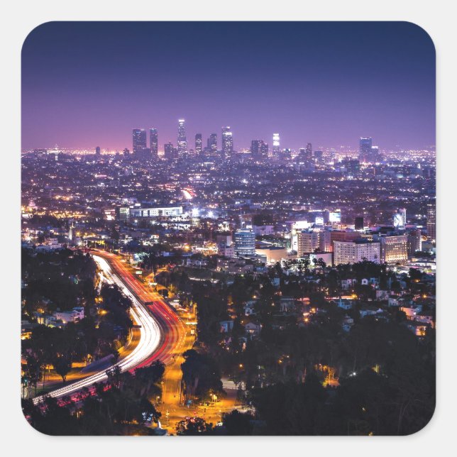 Pegatina Cuadrada Los Ángeles, California Skyline de noche (Anverso)